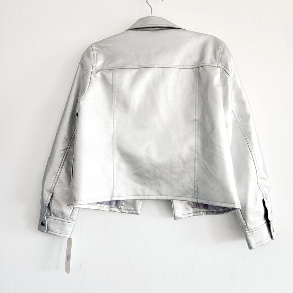 Kenneth Cole Faux Leather Metallic Silver Button Front Jacket Size Large - Picture 4 of 6